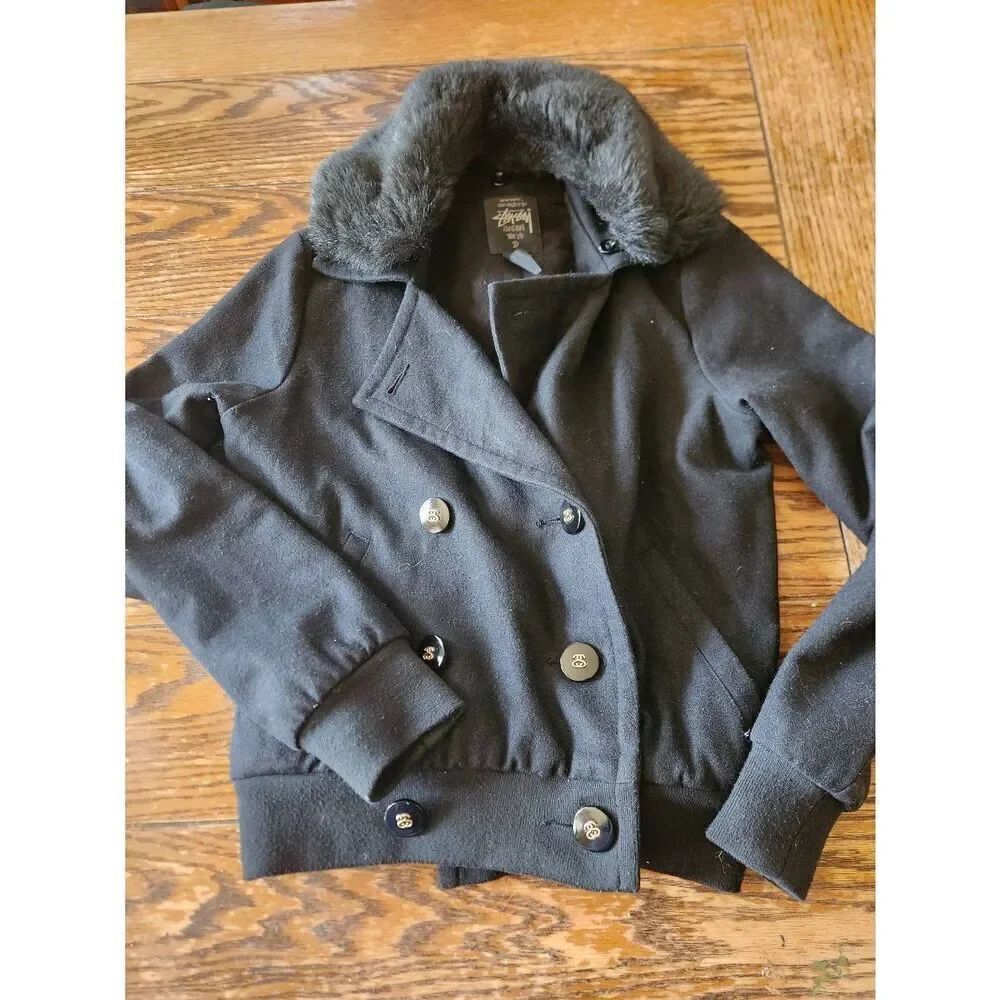 Stussy Peacoat Button-Up Double Breasted Faux Fur Black Coat Jacket Woman Small